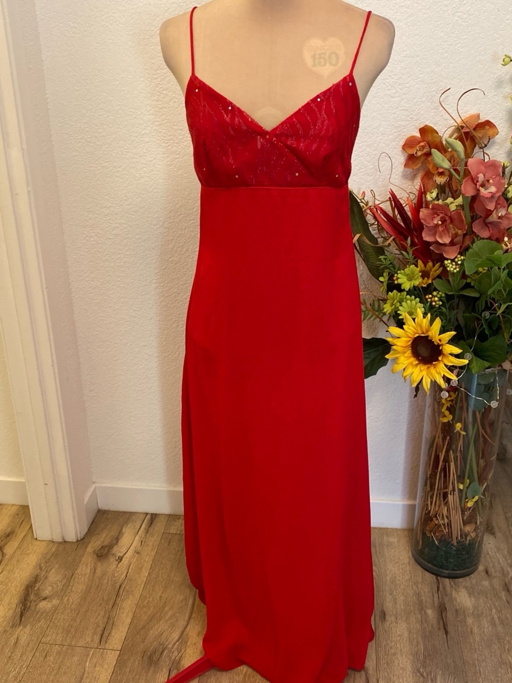 Red Small Spaghetti Strap Evening Gown
